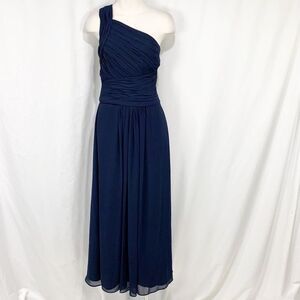 Monique Lhuillier Bridesmaid Emma One Shoulder Dress in Navy Blue Ruched Waist